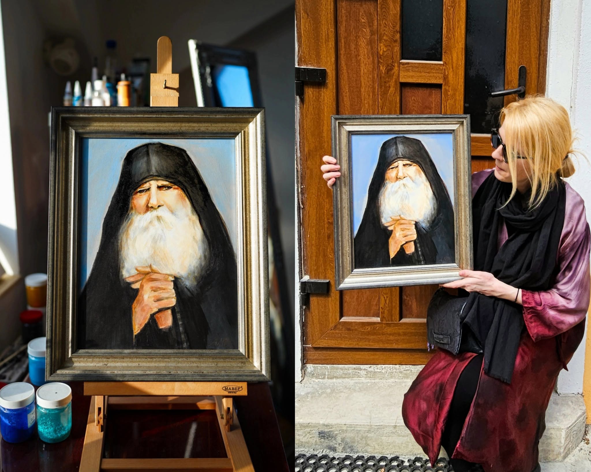 Colaj cu portretul înrămat pe șevalet și artista ținând aceeași lucrare.