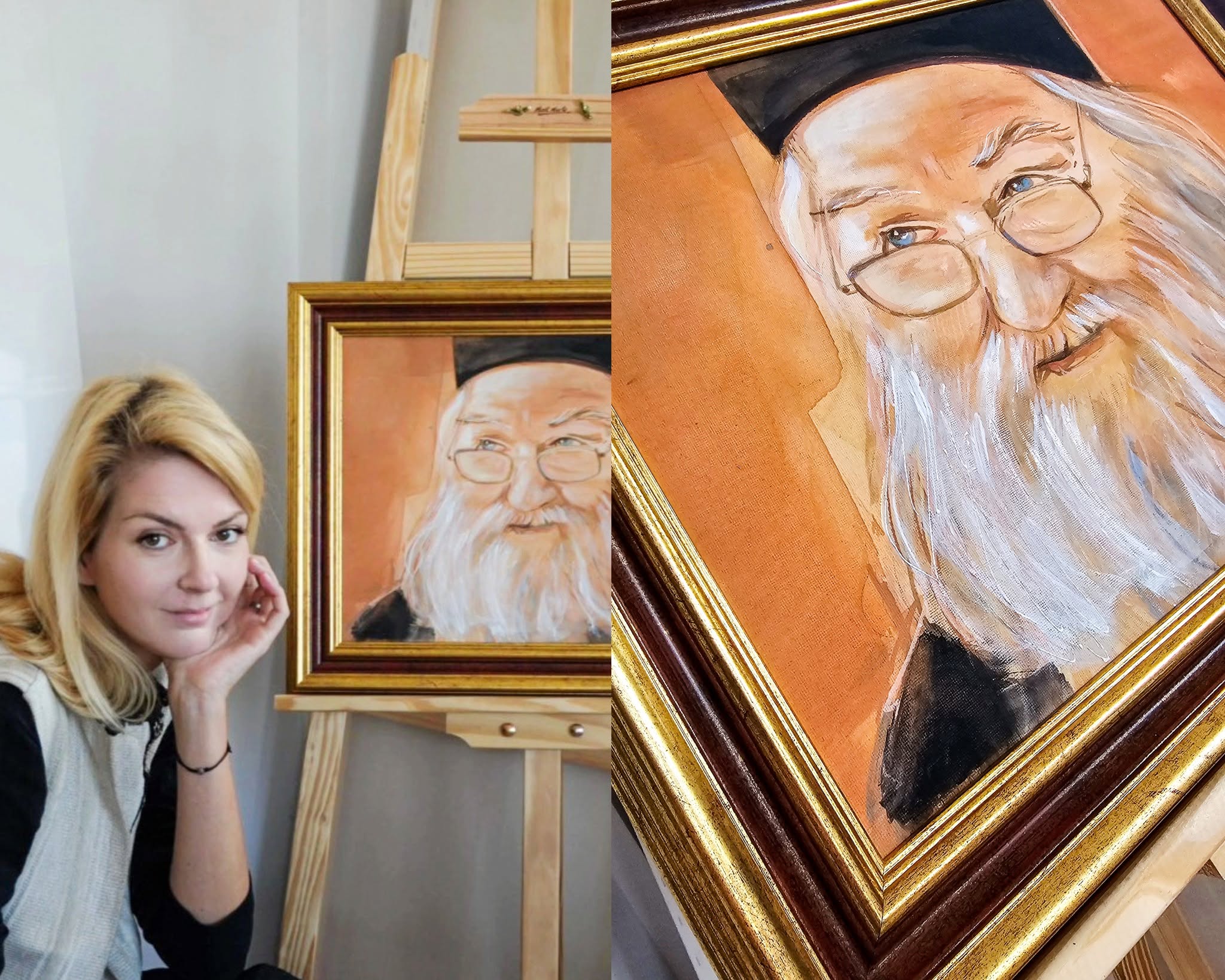 Colaj cu artista alături de portretul unui părinte cu ochelari și barbă albă, pe fundal ocru, și un detaliu al chipului.