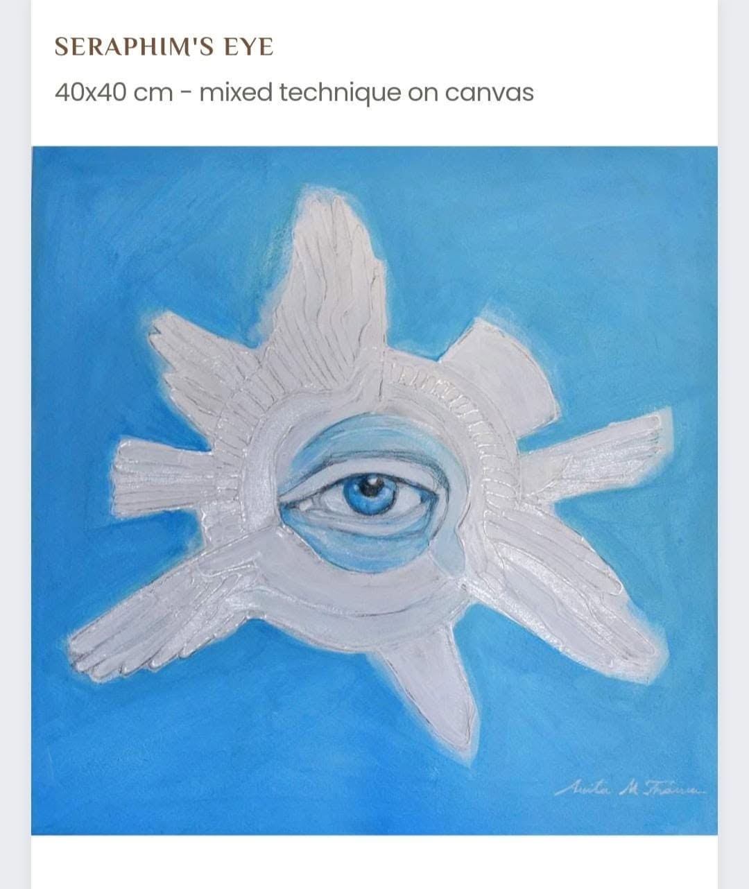 Seraphim’s Eye: un ochi albastru înconjurat de aripi albe pe un fundal albastru.