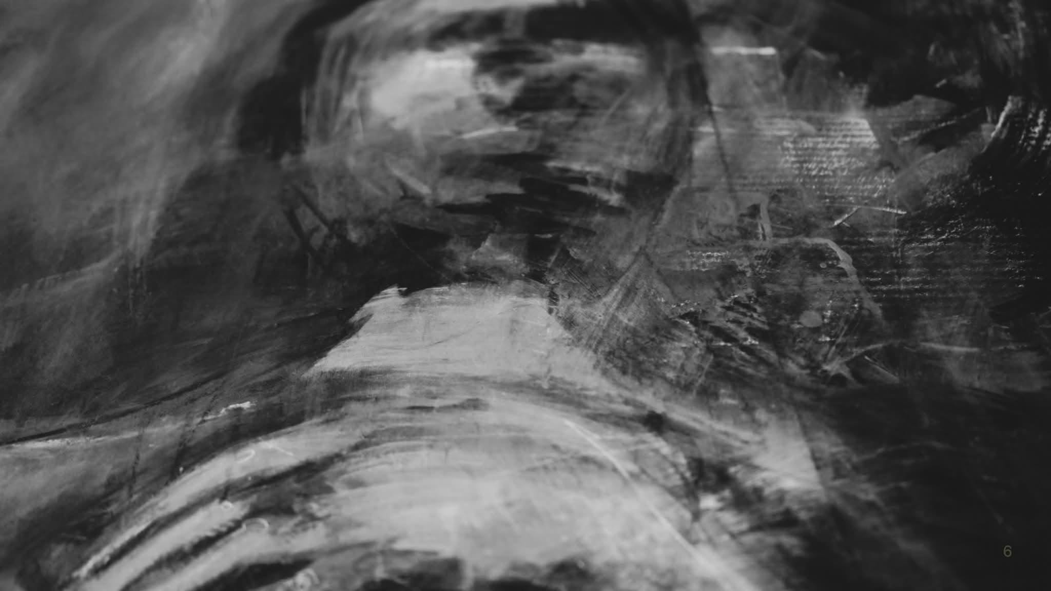 Detaliu alb-negru al unei suprafețe pictate, cu tușe și straturi suprapuse.