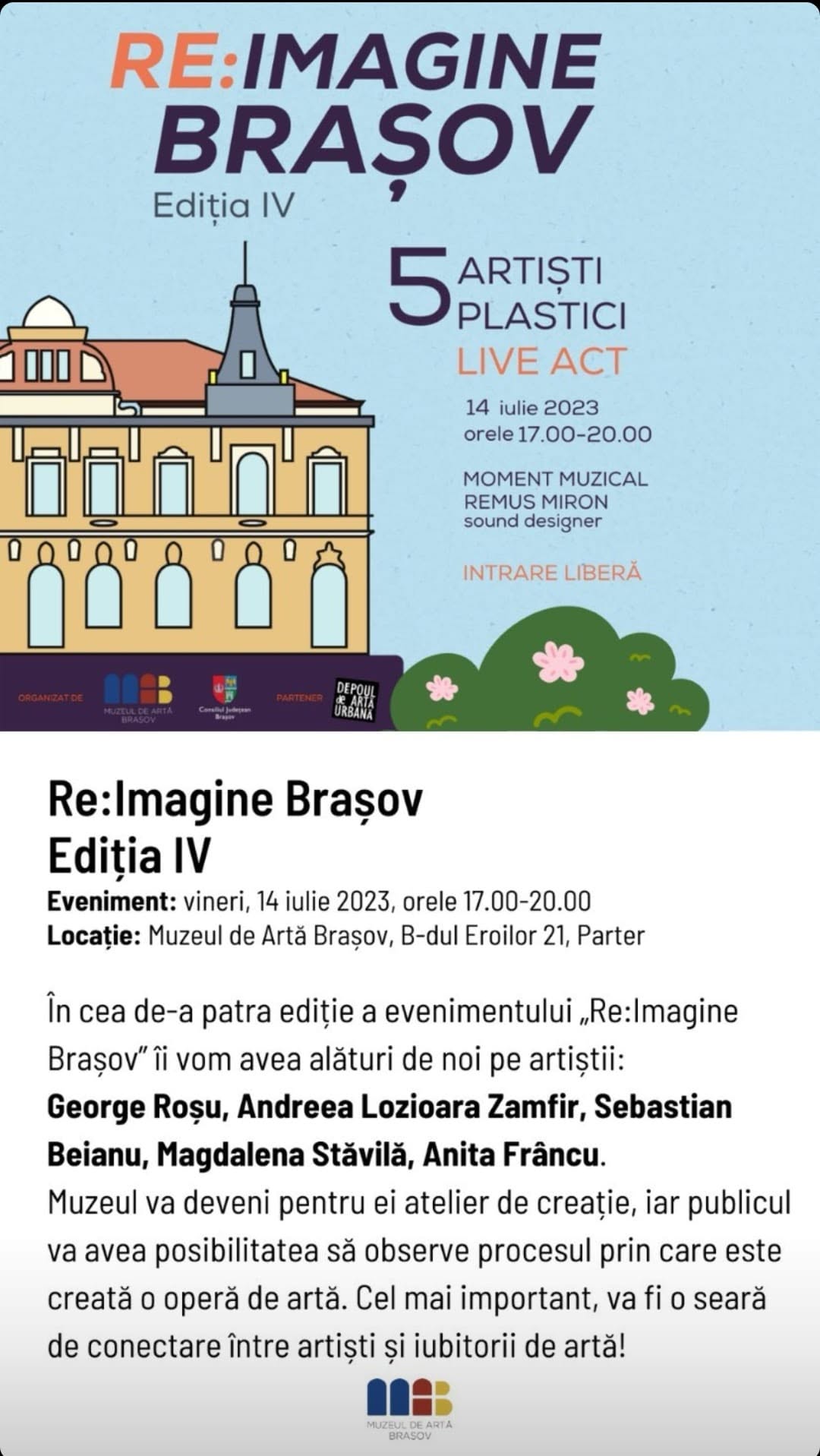 Afișul și anunțul RE:Imagine Brașov, ediția a IV-a, din 14 iulie 2023, cu cinci artiști plastici și un moment muzical de Remus Miron.
